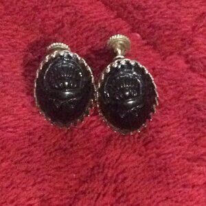 Rare Vintage Lucite Carved Scarab Beetle Cabochon Screw Back Earrings